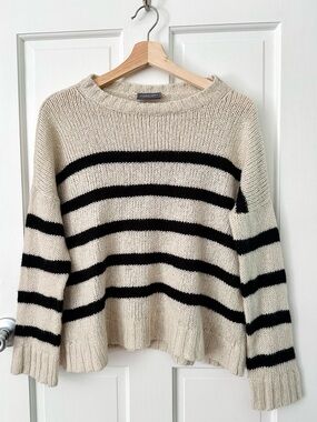 Wooden Ships Cream Black Stripes Crewneck Sweater Chunky Knit Wool Mohair XS/S